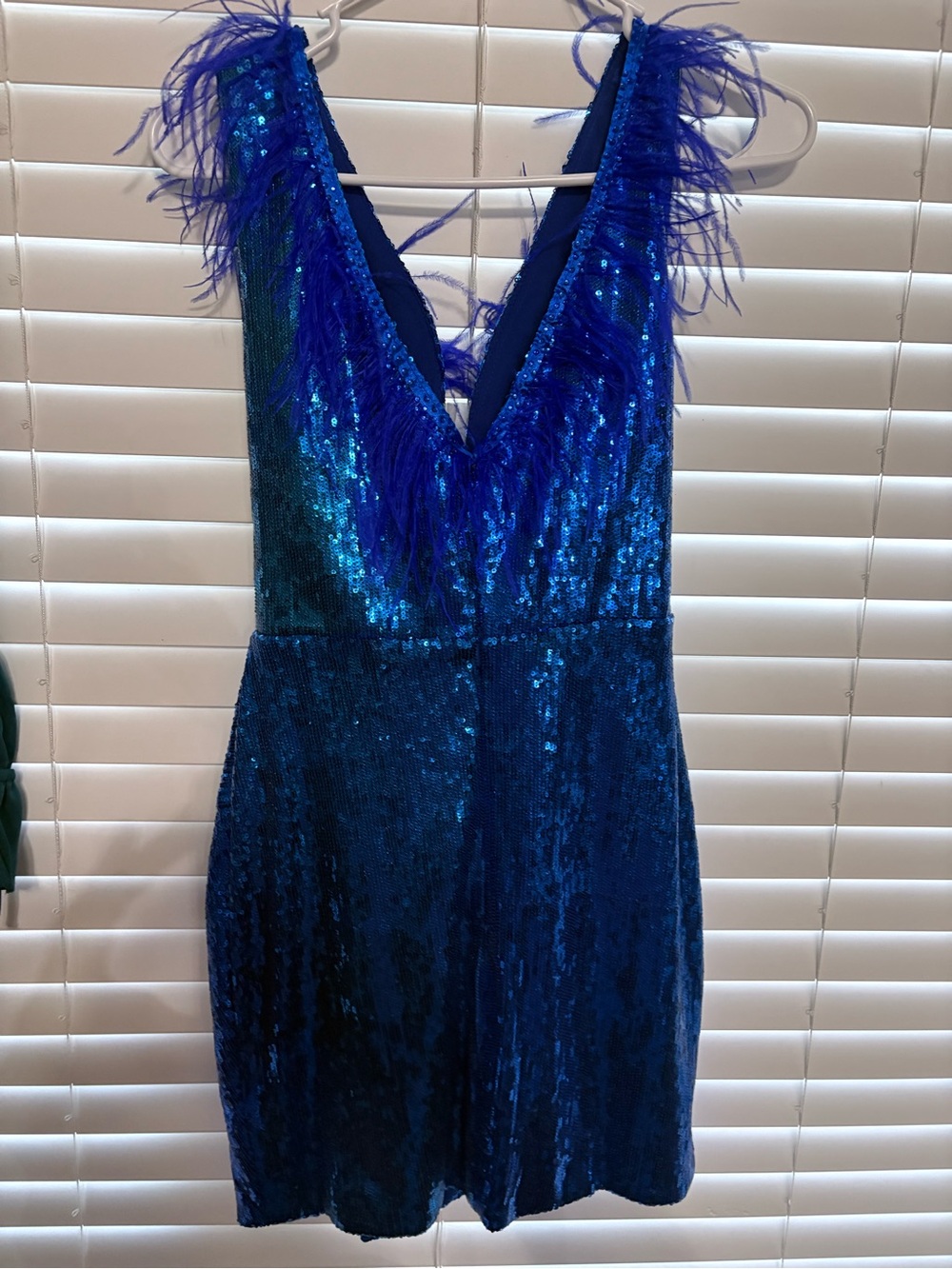 Blue Sequin V-Neck Party Dress with Feather Trim